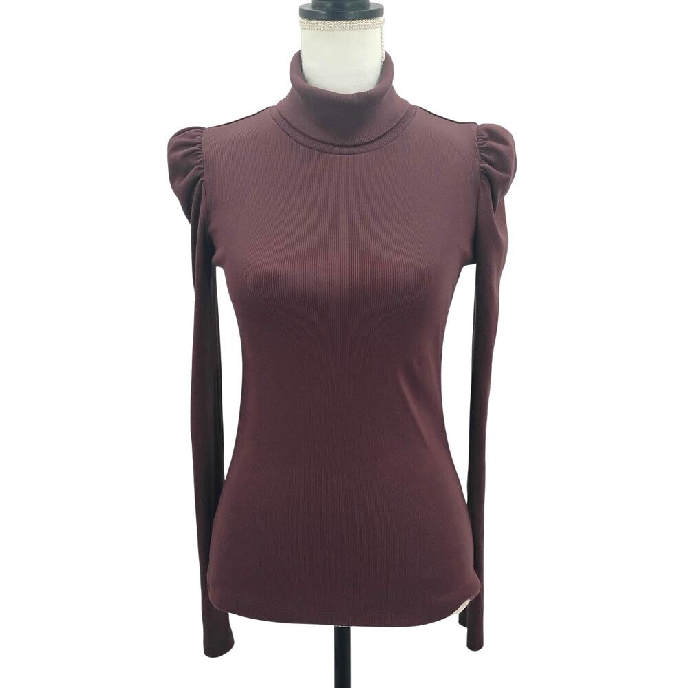 Veronica Beard Cedar Ribbed Turtleneck Puff Shoulder Brown Pima Cotton Small